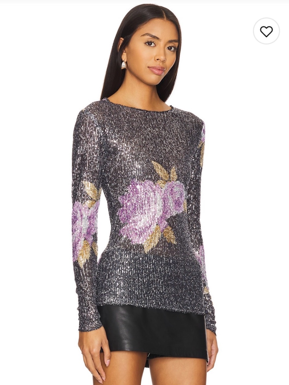 Free People Silver Sequin Long-Sleeve Top with Purple Floral